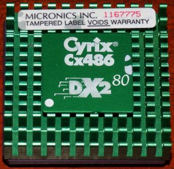 Cyrix Cx486 DX2 80 MHz CPU with Micronics Inc. Tampered Label, Green Cooler, USA 1993